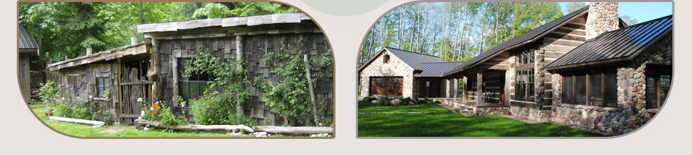 LifeTime Wood Treatment non-toxic wood stain on an out-building and a hewn log home