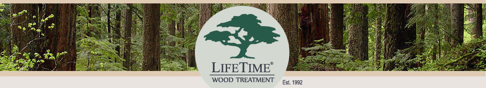LifeTime® Wood Treatment is a non-toxic wood stain, treatment and preservative and contains only natural ingredients making it environmentally friendly. LifeTime® Wood Treatment logo and banner showing wood, trees and forest